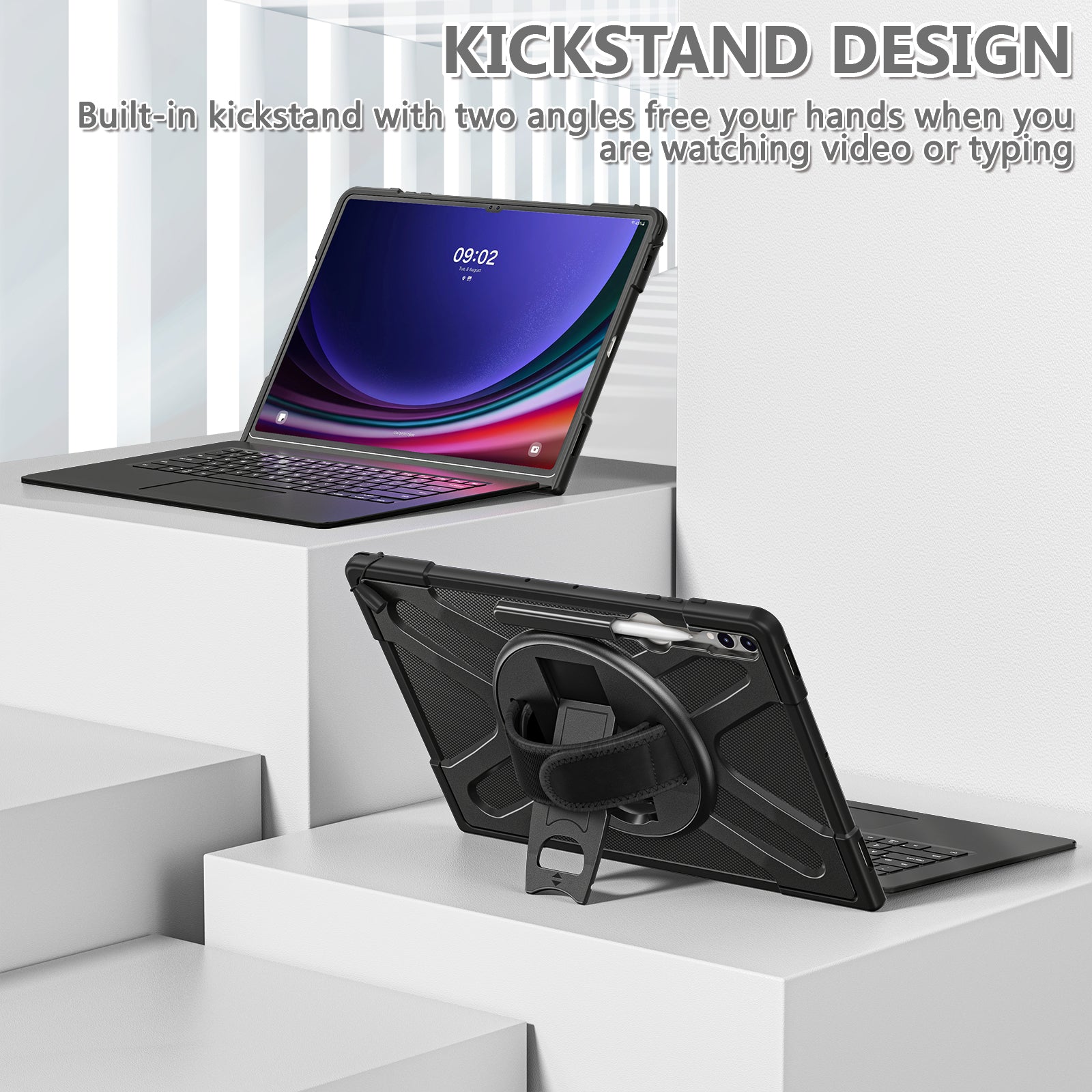Kickstand Tablet Case for Samsung Galaxy Tab S8 Ultra X900 X906 / Tab S9 Ultra X910 , Rugged Shockproof PC + TPU Cover with Hand Strap - Black Kickstand Tablet Case for Samsung Galaxy Tab S8 Ultra X900 X906 / Tab S9 Ultra X910 , Rugged Shockproof PC + TPU Cover with Hand Strap - Black
